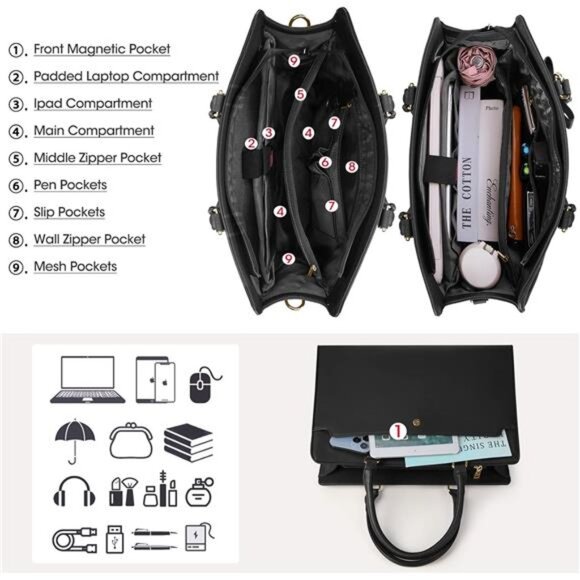 RAINSMORE Laptop Bag for Women 15.6 Inch Laptop Tote Bag Leather Work Bag - Picture 4 of 7